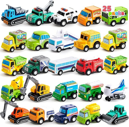 JOYIN 25 Pieces Pull Back Cars and Trucks Toy Vehicles Set for Toddlers, Girls and Boys Kids Play Set, Party Favors, School Gifts, Goodie Bags Stuffers for Kids, Christmas Birthday Gifts