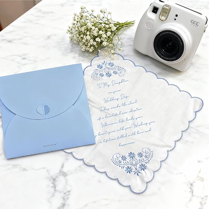 LADY&HOME Something Blue Embroidered Wedding Handkerchief - Mom,Dad,Daughter,Lace Bridal Hankies Wedding Gifts