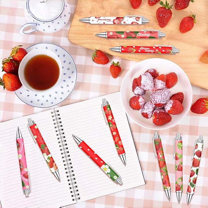 Idealmuzik Strawberry Theme Ballpoint Pens Set of 8 – Cute Strawberry Pattern Design with Smooth Black Ink – Aesthetic Writing Pens for Office, Home, Party Favors, and Gifts