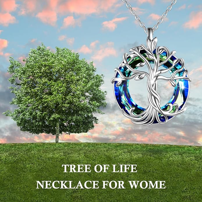 TOUPOP Tree of Life Necklace 925 Sterling Silver Family Tree Pendant Austrian Crystal Jewelry Valentines Day Birthday Gifts for Women Mom Wife Her