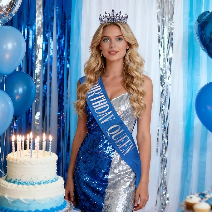 COCIDE Blue Birthday Queen Sash for Women Happy Birthday Crowns Princess Tiaras Sashes for Girl Crystal Party Decorations Rhinestone Headband Supplies Decor