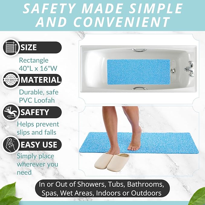 Non Slip Bathtub Mat Shower Mat for Tub - Loofah Bath Mats for Bathroom - 40x16 Bathtub Floor Mat - Textured Anti Slip Bath Mat Without Suction Cups - Secure Mat for Wet Areas (40x16 Aqua Blue)