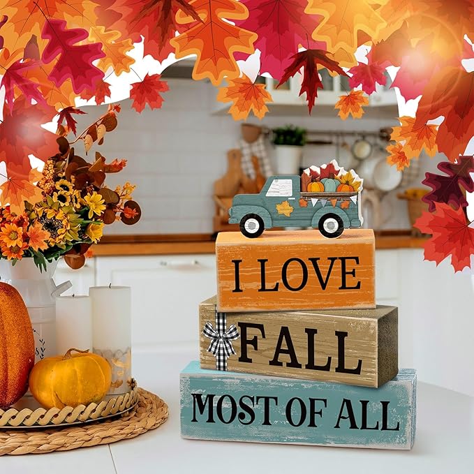 4 Pcs Thanksgiving Decoration for Home Fall Truck Decor Fall Tiered Tray Decor Rustic Wooden Truck Block Sign Gift Thanksgiving Centerpiece Autumn Table Decorations for Harvest Party Kitchen Home
