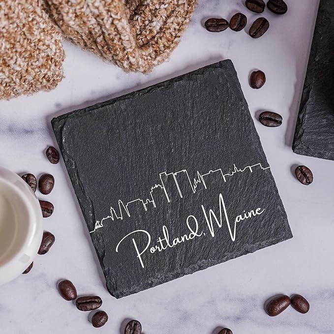 Blue Ridge Mountain Gifts - Portland ME Skyline Coasters, Set of 4 - Portland Maine Souvenir, Slate Coasters with Minimalist Skyline, Housewarming Gift for Friends, Family, & Neighbors