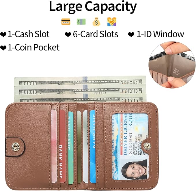SENDEFN Slim Wallet for Women Bifold Small Leather Zipper Pocket Wallet, RFID Blocking Card Holder with ID Window
