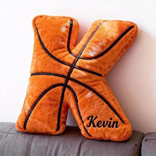 Mostop Personalized Initial Letter Pillow Custom Basketball Shaped Pillow with Name Birthday Gifts for Kids Boy Girls Dad Sports Lover