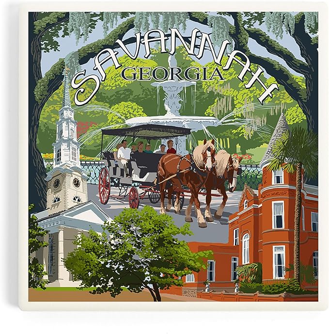 Lantern Press Savannah, Georgia, Town Views (Absorbent Ceramic Coaster, Single, Cork Back, Kitchen Table Decor)