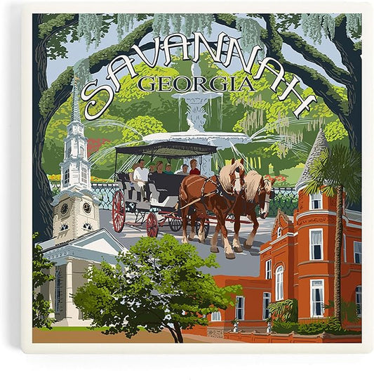 Lantern Press Savannah, Georgia, Town Views (Absorbent Ceramic Coaster, Single, Cork Back, Kitchen Table Decor)
