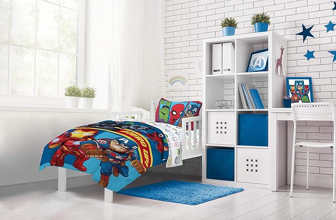 Jay Franco Marvel Super Hero Adventures Double Team 4 Piece Toddler Bed Set Super Soft Microfiber Bed Set-Bedding Features Captain America,Spiderman, Iron Man & Black Panther Official Marvel Product