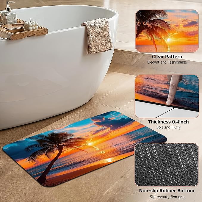 Tropical Palm Bathroom Rugs,Bath Mats for Bathroom,Sunset Sea Beach Low Pile Absorbent Bath Mat,Rubber Backing Non Slip Washable Thin Quick Dry Door Mat 17x29.5 Inch