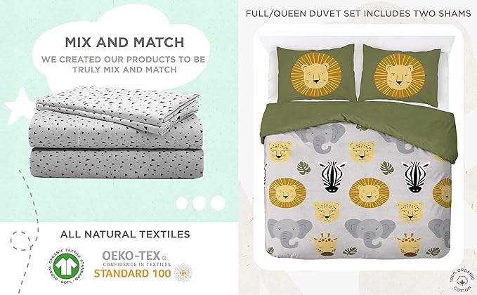 Saturday Park Safari Friends Full/Queen Duvet Cover & Sham Set - 3 Piece 100% Organic Cotton Duvet Set - GOTS & Oeko-TEX Certified