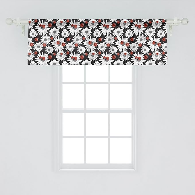 Ambesonne Ladybug Window Valance Pack of 2, Insects Chamomile Bouquets Spring Inspired Flourishing Revival Theme, Rod Pocket Curtain Valances for Kitchen Bedroom, 54" X 18", Dark Coral Black Grey