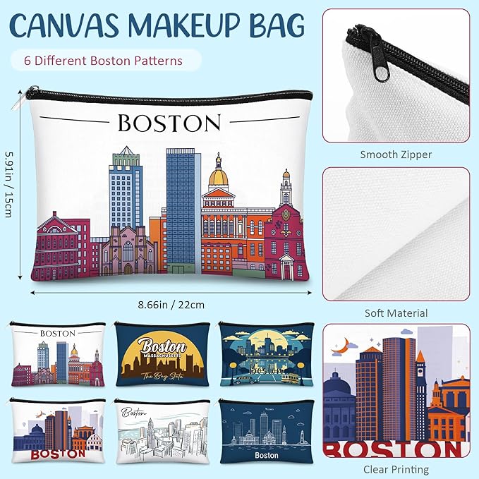 Reginary 6 Pcs City Cosmetic Bag Souvenir Gifts New York Zipper Pouch Chicago Souvenir Seattle Boston Nashville London Paris Italy Alaska Gifts Memento for Women Traveler(Boston)