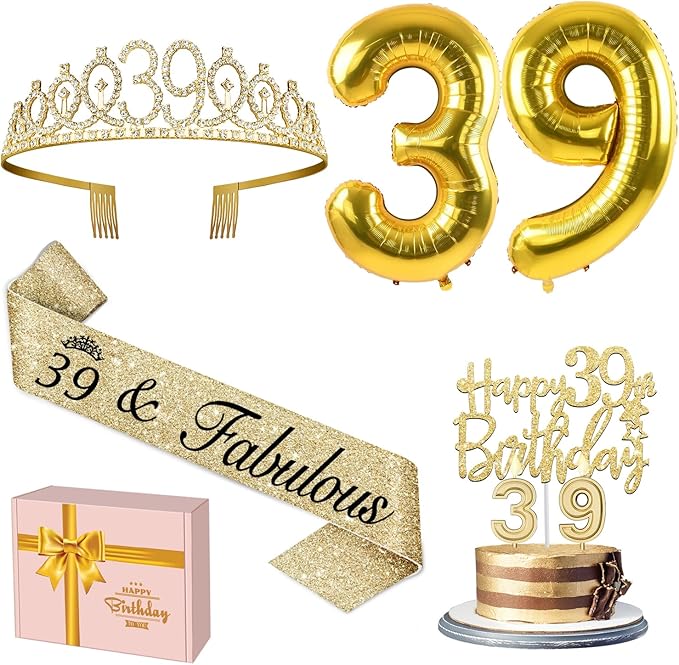 39th Birthday Decorations for Women Gold with 39th Birthday Sash and Tiara,Cake Topper and Candles, Number Balloons, 39 Year Old Gifts for Women
