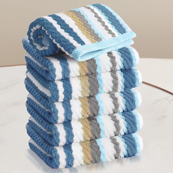 VOOVA & MOVAS Striped Wash Cloths Set, 6PC Bathroom Washcloths - 100% Cotton | Quick Dry | Soft | Absorbent, 13"x13" Wash Cloth, Luxury Towel Set for Guest, Blue+Gray+Beige Stripe
