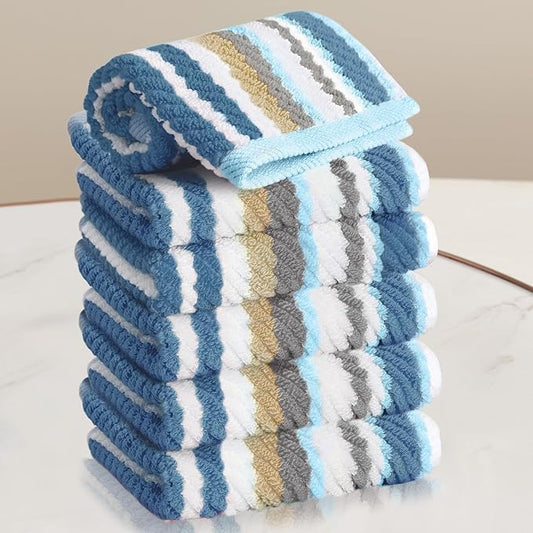 VOOVA & MOVAS Striped Wash Cloths Set, 6PC Bathroom Washcloths - 100% Cotton | Quick Dry | Soft | Absorbent, 13"x13" Wash Cloth, Luxury Towel Set for Guest, Blue+Gray+Beige Stripe