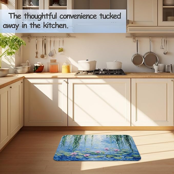 Bathroom Rug 29.5"x17", Claude Monet Water Lilies Bath Mat with Non-Slip Rubber Backing, Quick-Drying Absorbent Thin Floor Mat for Bathroom, Shower, Sink, or Kitchen