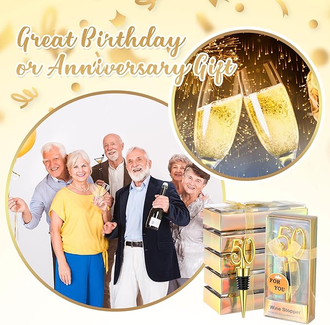 Hushee 30 Pcs 50th Birthday Party Favors for Guests Birthday Bottle Opener Golden Wine Stoppers with Rhinestones for Adults Women Wedding Party Anniversary Souvenirs Keepsakes
