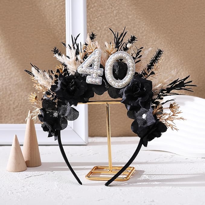 Flower Black Birthday Headband - Dark Happy Birthday Crown and Sash Set for Women Fabulous Party Accessories