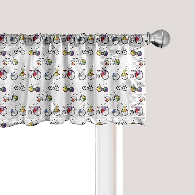 Ambesonne Bicycle Window Valance Pack of 2, Hand Drawn Penny-Farthing Tandem and City Bikes Colored Rims Cartoon Style, Rod Pocket Curtain Valances for Kitchen Bedroom, 42" X 12", Multicolor, White
