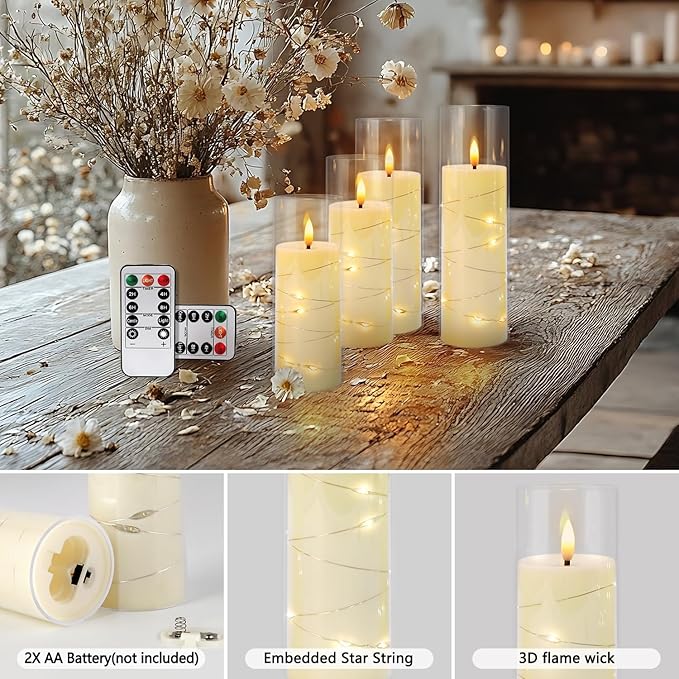 24-Piece Ivory Flameless LED Candles with Remote, Embedded Fairy Lights for Christmas Decor. Battery-Powered with Timer, Safe & Elegant for Cozy Romantic Home, Wedding, Party.