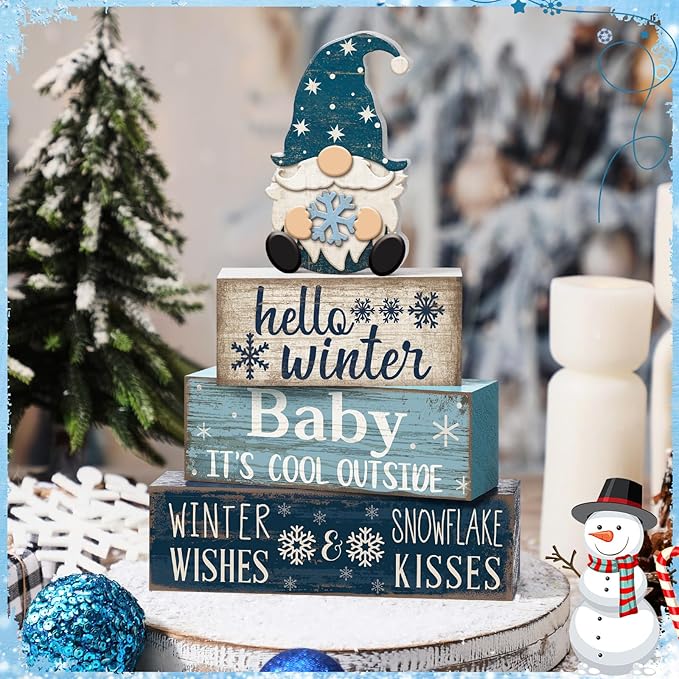 4 Pcs Winter Table Decorations Blue and White Gnome Snowflake Decor Winter Tiered Tray Decor Christmas Centerpiece for Tables Wooden Decorative Gnome Signs Gifts for Kitchen Office Home