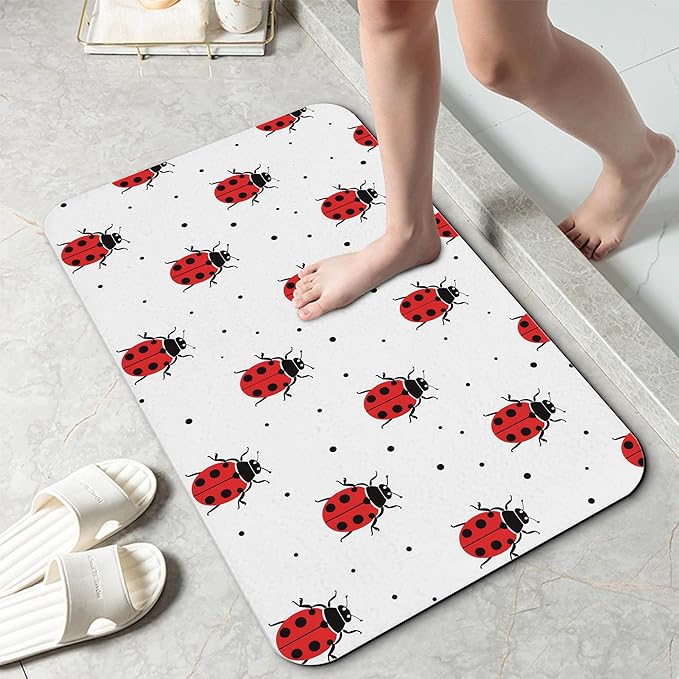 Cute Red Ladybugs Bathroom Rug 29.5"x17", Super Absorbent Fast Drying Bath Mat with Non-Slip Rubber Backing, Thin Low-Profile Easy-Clean Bathroom Floor Mat for Shower or Tub