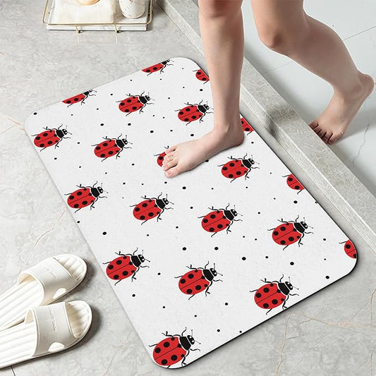 Cute Red Ladybugs Bathroom Rug 29.5"x17", Super Absorbent Fast Drying Bath Mat with Non-Slip Rubber Backing, Thin Low-Profile Easy-Clean Bathroom Floor Mat for Shower or Tub