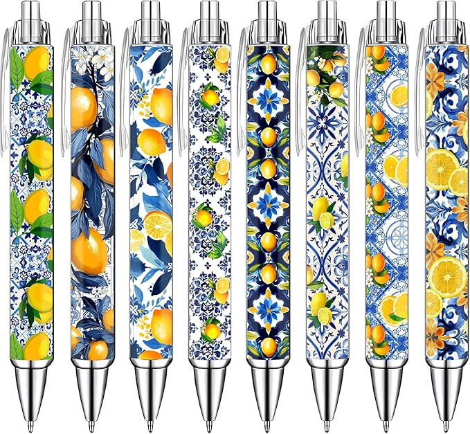 Capri Lemon Pens Set – Mediterranean-Inspired Ballpoint Pens for Girls, Students, and Stationery Lovers – Smooth Writing Pens for School, Journaling, or Gifts – Bright and Elegant Design, 8 Pack