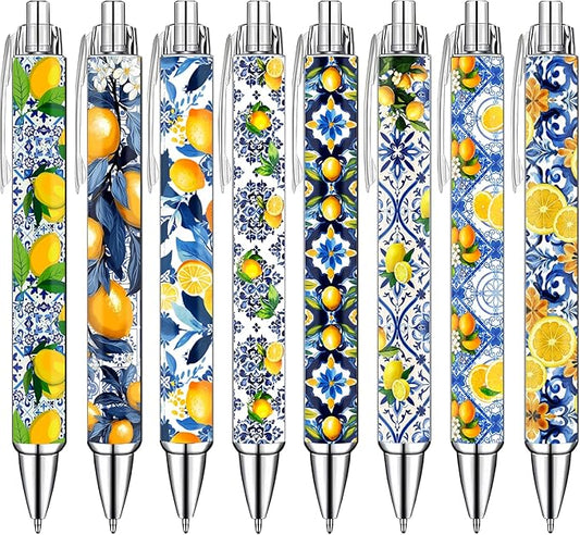 Capri Lemon Pens Set – Mediterranean-Inspired Ballpoint Pens for Girls, Students, and Stationery Lovers – Smooth Writing Pens for School, Journaling, or Gifts – Bright and Elegant Design, 8 Pack