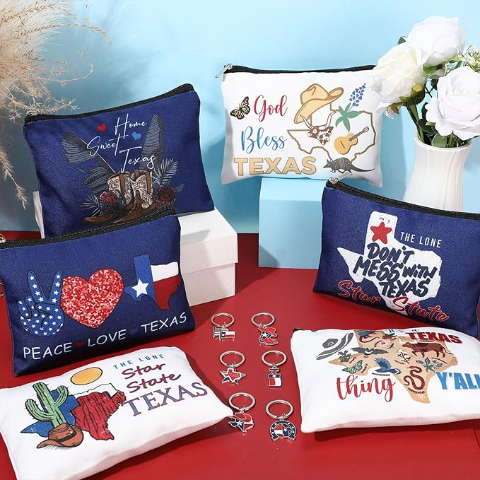 Landical 6 Sets Texas Souvenir Gifts Include 6 Pcs Texas Cosmetic Bag and 6 Pcs Metal Keychain for Women Traveler Christmas Party Gifts