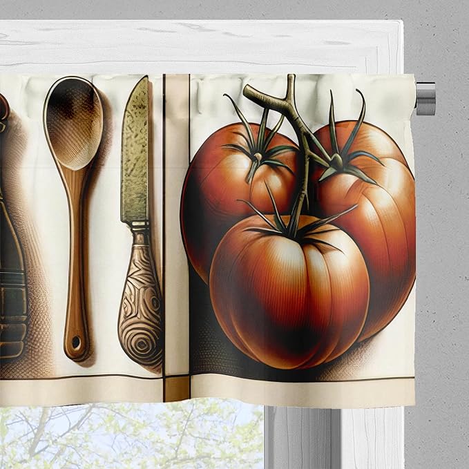 Ambesonne Farmhouse Window Valance Pack of 2, Modern Art of Leaves Huddle and Tomato Print with Beige Tone Lines, Rod Pocket Curtain Valances Kitchen Bedroom, 42" X 18",Paprika Rust and Green