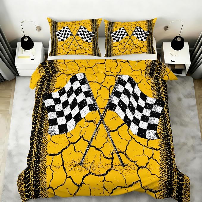 Race Flag Duvet Cover King Size Racing Checkered Flag Bedding Set Tire Track Comforter Set Sporty Race-Themed Comforter Cover with Zipper Ties for Bedroom
