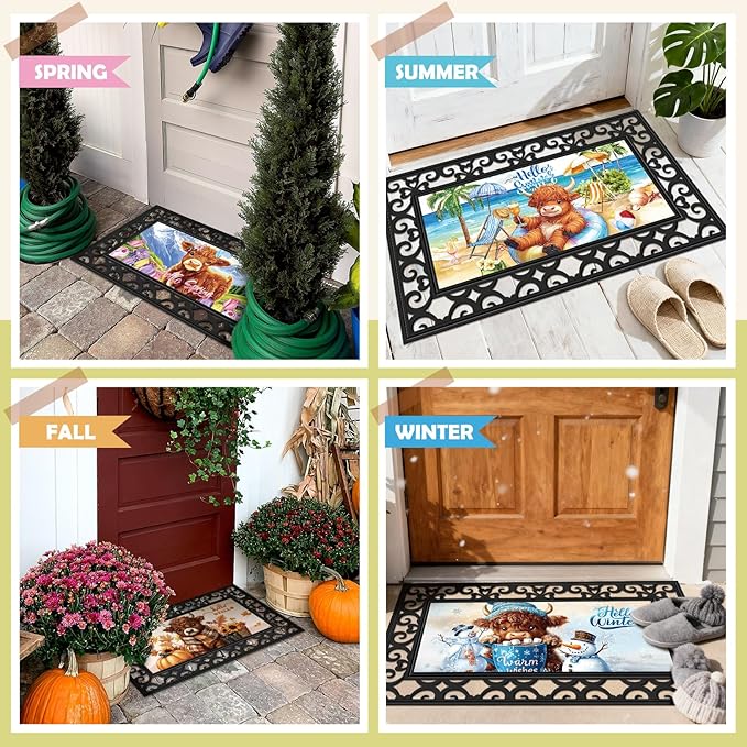 Nuanchu 12 Pcs Seasonal Door Mat Interchangeable Doormat Inserts Entrance Welcome Mats 22 x 10 Inches Non Slip Mats Gifts for Front Door Christmas Thanksgiving Decoration (No Frame)(Cow)