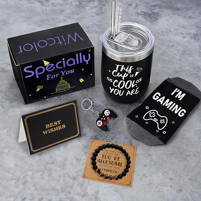 Teenage Boy Gifts,Unusual Ideas Birthday Gifts For Boys with 12 Oz Tumbler, Funny Socks,Birthday Card, Bracelet, Keychain,Best Gifts for Boys Son Grandson Nephew Friend