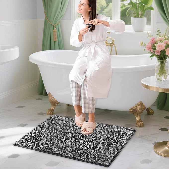 HDFK Bathroom Rugs | Non Slip Washable Bath Mats 24x16 Inches 2 Tone Plush Chenille Medium Pile Floor Mat | Ultra Absorbent Shower Rug | Black and White Stain Hiding for Wet Dry Transition Zone