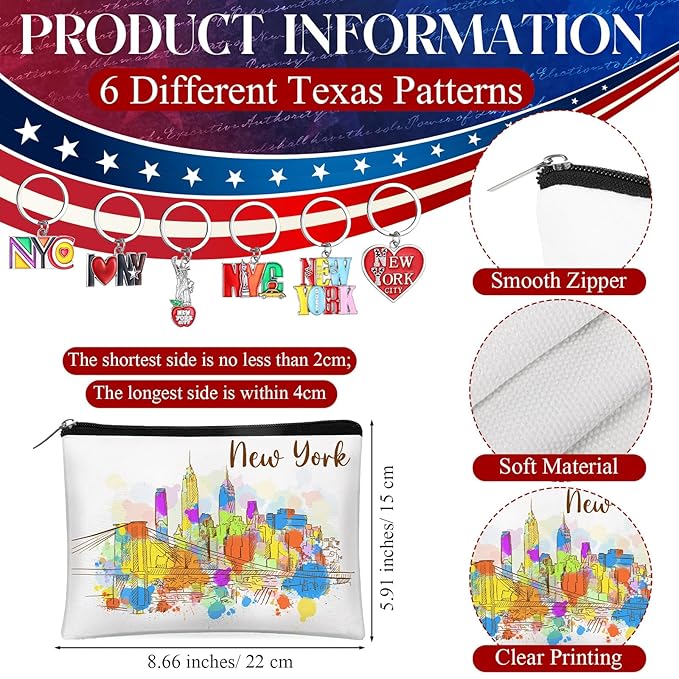 Landical 6 Sets New York Souvenir Gifts Include 6 Pcs New York Cosmetic Bag and 6 Pcs Metal Keychain for Women Traveler Christmas Party Gifts