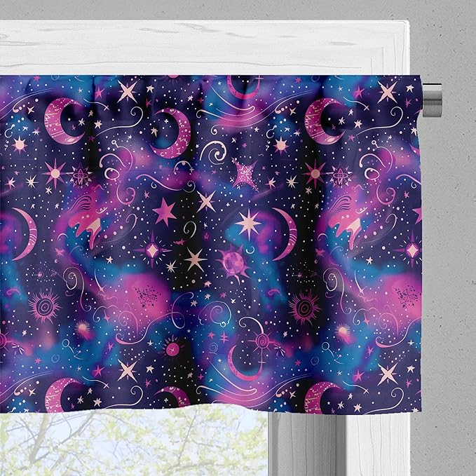 Ambesonne Celestial Window Valance, Fantasy Dream Oriental Astronomy Art Crescent and Starry Atmosphere, Curtain Valance for Kitchen Bedroom Decor with Rod Pocket, 54" X 12", Dark Night Blue Fuchsia
