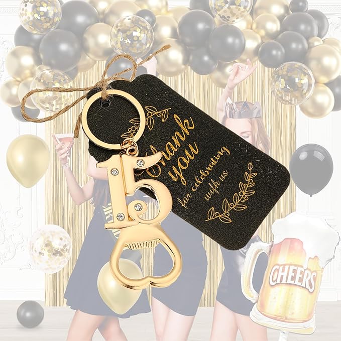 24 pcs 15th Gold Keychain Bottle Opener Birthday Party Favors for Guests,15th Beer Bottle Opener Favors Bulk for 15 Birthday Anniversary Souvenirs Party Decor Supplies (Gold 15th)