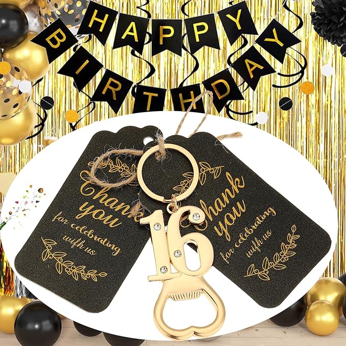 24 pcs 16th Gold Keychain Bottle Opener Birthday Party Favors for Guests,16th Beer Bottle Opener Favors Bulk for 16 Birthday Anniversary Souvenirs Party Decor Supplies (Gold 16th)