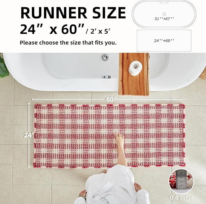 Waffle Runner Rug Bathroom, Long Boho Christmas Bathroom Rugs Non Slip Washable Absorbent Checkered Bathroom Mat Quick Dry Cute Bath Mat, 60"x24" Red and White