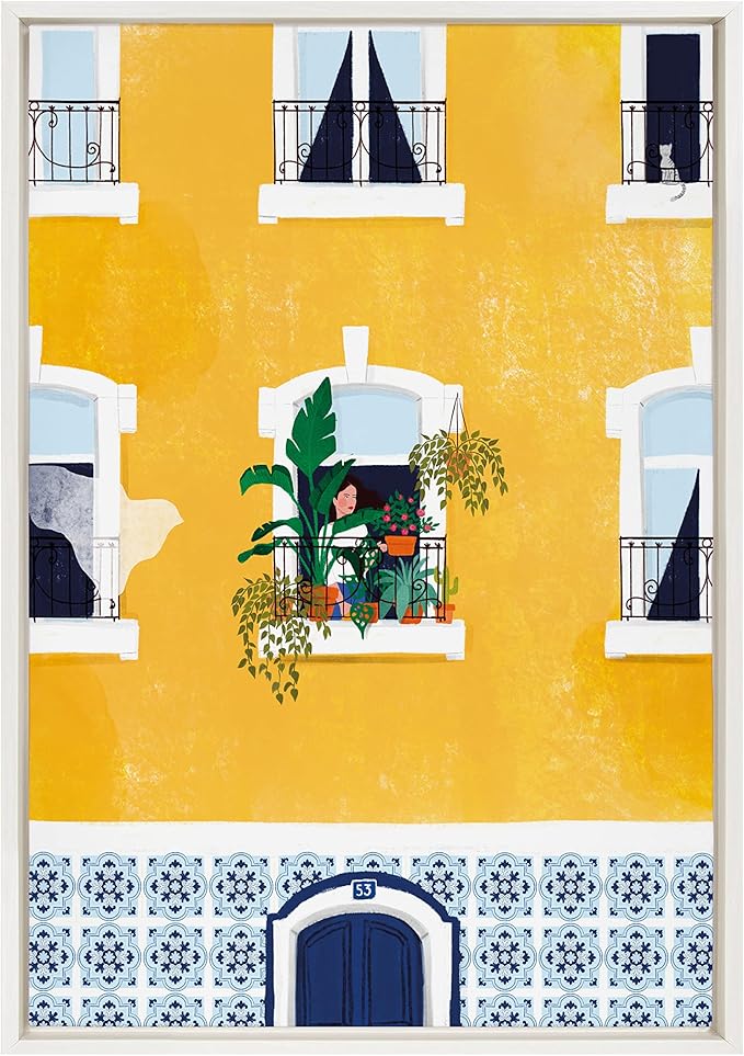 Kate and Laurel Sylvie Lisbon Framed Canvas Wall Art by Maja Tomljanovic; 23x33 White; Contemporary City Balcony Architecture Art for Wall