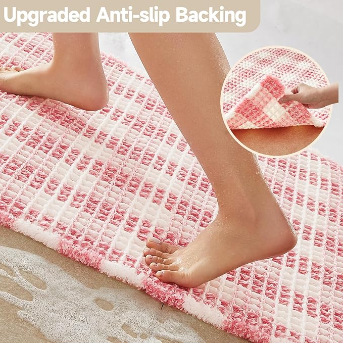 Waffle Bath Mat, Boho Bathroom Rugs Non Slip Washable Absorbent Checkered Bathroom Mat Quick Dry Cute Bath Mat, 36"x24" Pink and White
