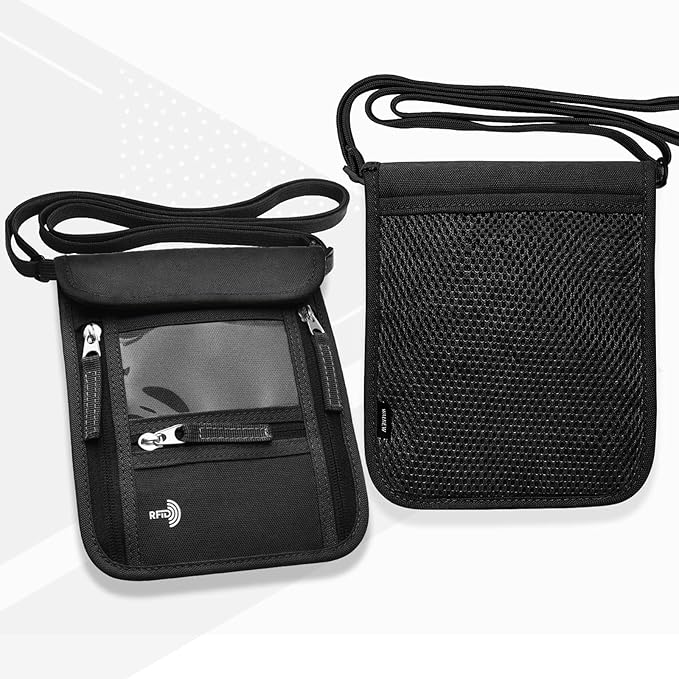 WALNEW Passport Holder Neck Pouch Travel Wallet for Women and Men, RFID Blocking Security Slim Traveling Wallet with Around Neck Lanyard Strap