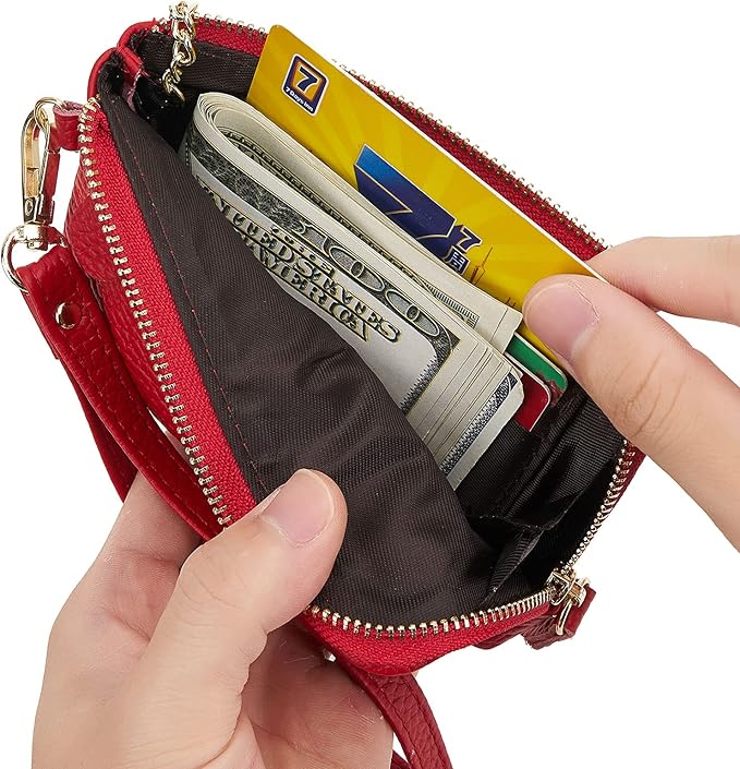Genuine Leather Coin Purse for Women with Large Opening & Wrist Strap Navy (Red)