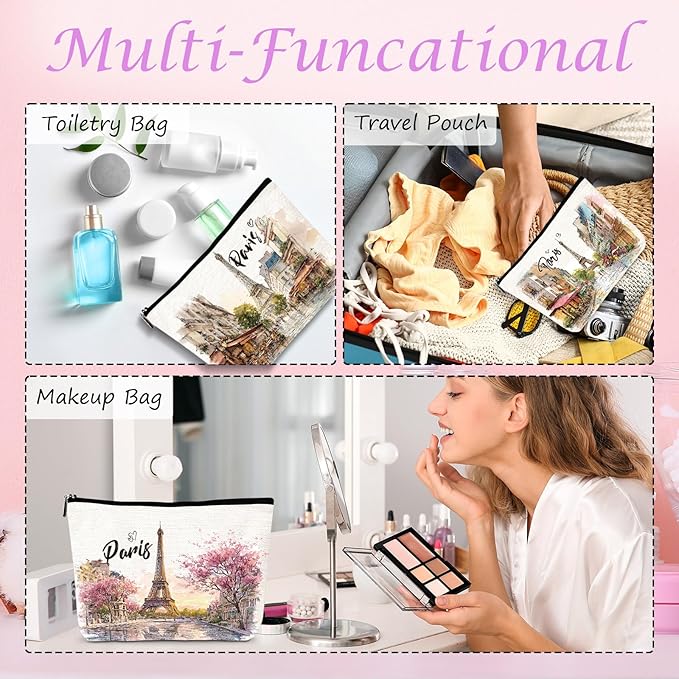 Paris Gifts Travel Essentials - 4Pcs Paris City Travel Makeup Bag, France Eiffel Tower Watercolor Cosmetic Bags with Zipper, Vacation Trip Pouch Souvenirs Gifts for Travellers Women Girls