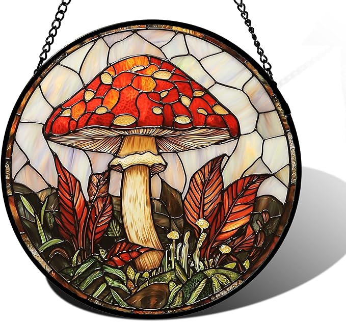 Stained Glass Window Hanging, Big Red Mushroom Suncatcher for Doors Home Sun Catchers Decoration and Christmas, Mother's Day Birthday Gifts for Women, Men, and Mom 6.3 in