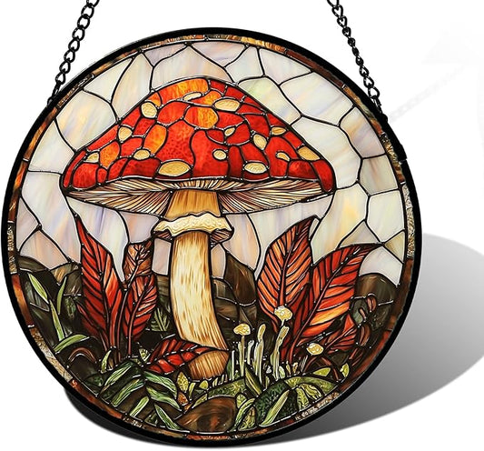 Stained Glass Window Hanging, Big Red Mushroom Suncatcher for Doors Home Sun Catchers Decoration and Christmas, Mother's Day Birthday Gifts for Women, Men, and Mom 7.8 in