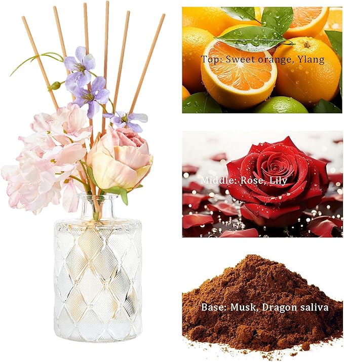 Chloefu Lan Rose Reéd Diffuser Set 6.7oz (200ml) with 9 Sticks, Oud Scent Diffusers for Home, Pink Flowers Reéd Diffuser Sticks, Scentsy Home Fragrance, Scented Oils, Office & Bathroom Décor