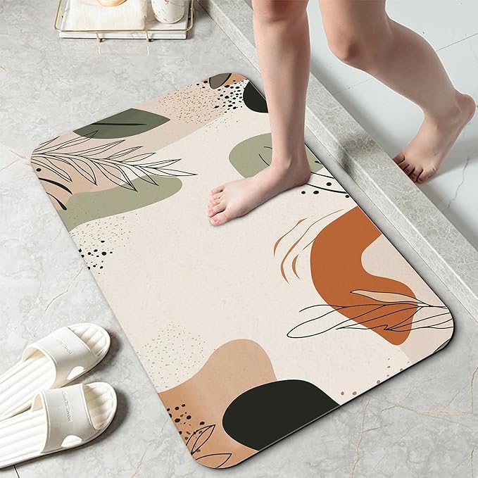 Abstract Boho Lines Leaf Fast Drying Absorbent Bathroom Mat, Non-Slip Rubber Backing Thin Low-Profile Bath Rug, Easy-Clean Bathroom Floor Mat for Shower, Bathtub, Kitchen, or Entryway